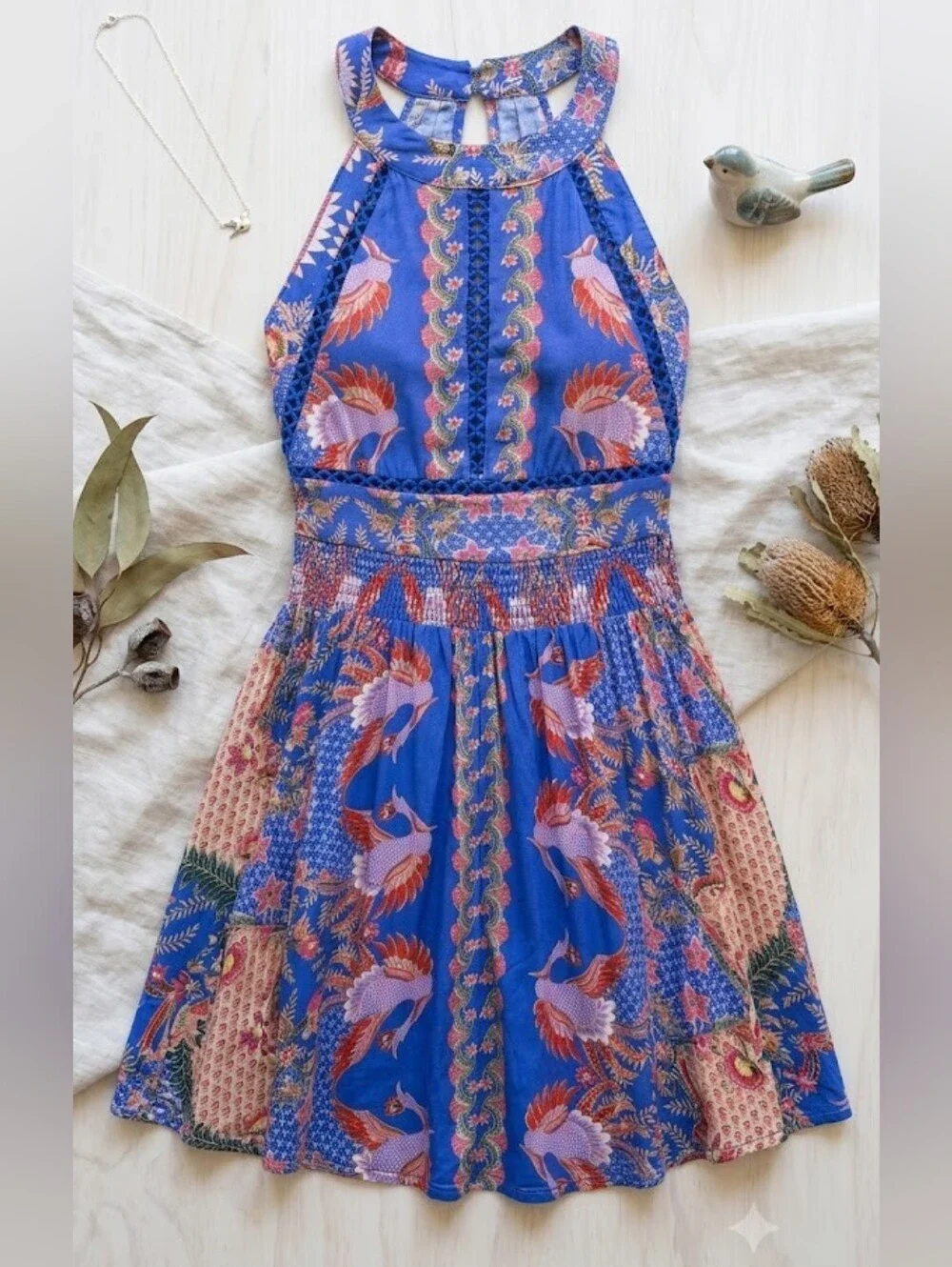 Boho Tropical Halter Mini Dress Smocked Festival Summer XS Dopamine Drip - Picture 1 of 13